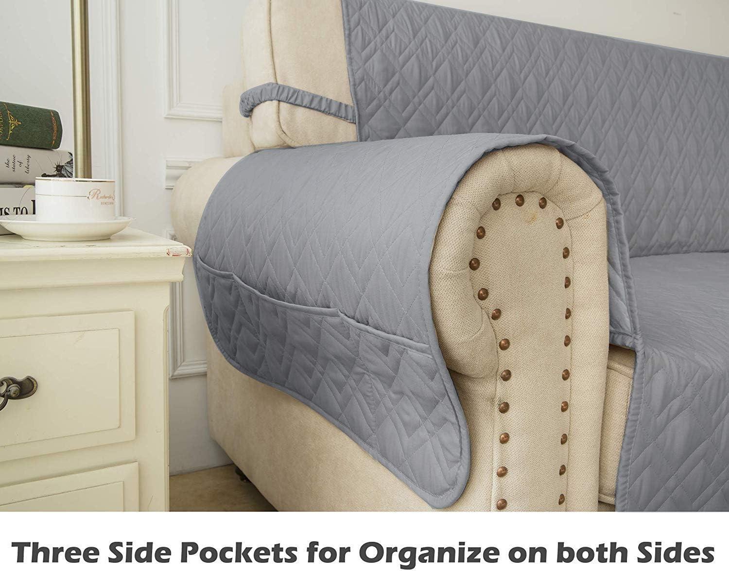 imageAmeritex Loveseat Cover WaterResistant Quilted Furniture Protector with Back Nonslip Paws Slipcover for Dogs Kids Pets Loveseat Slipcover Stay in Place for Leather 46quot BeigeLight Grey