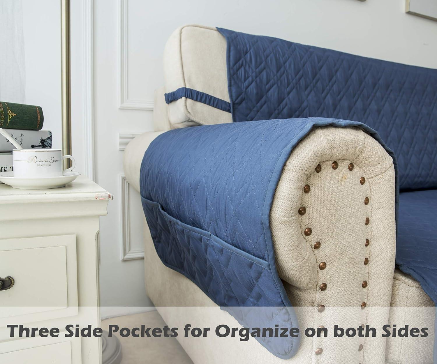 imageAmeritex Loveseat Cover WaterResistant Quilted Furniture Protector with Back Nonslip Paws Slipcover for Dogs Kids Pets Loveseat Slipcover Stay in Place for Leather 46quot BeigeBlue