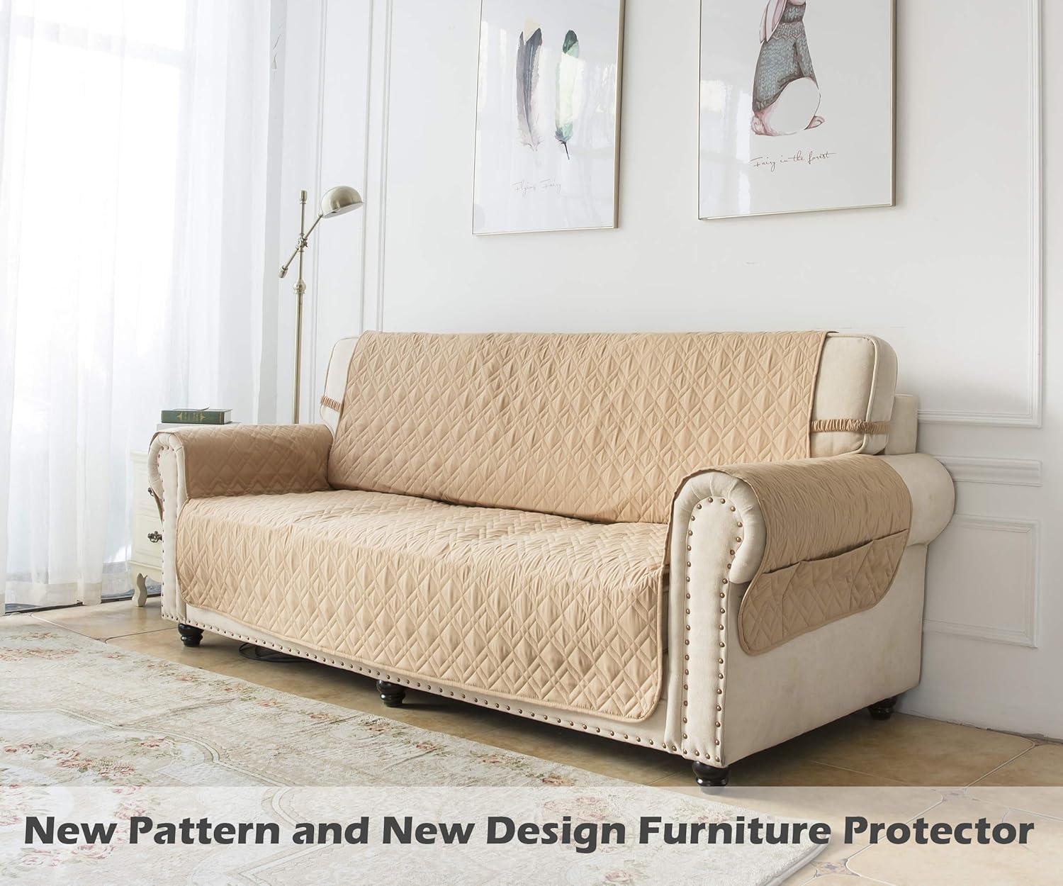 imageAmeritex Loveseat Cover WaterResistant Quilted Furniture Protector with Back Nonslip Paws Slipcover for Dogs Kids Pets Loveseat Slipcover Stay in Place for Leather 46quot BeigeSand