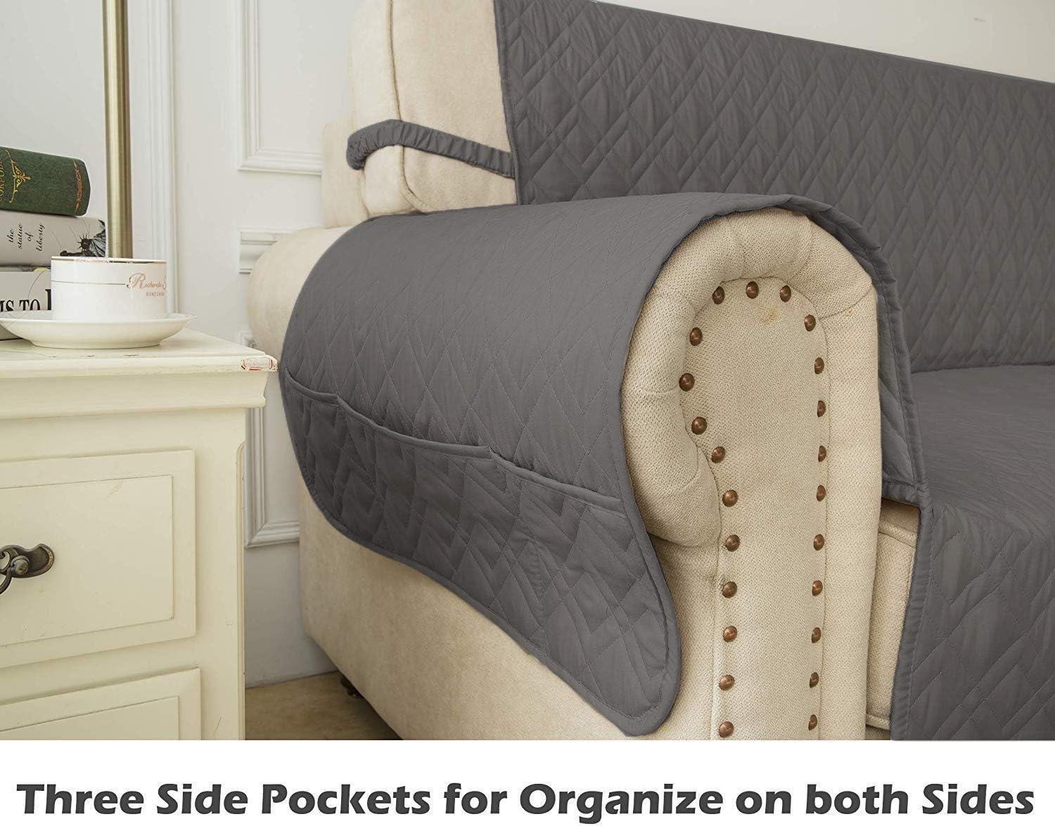 imageAmeritex Loveseat Cover WaterResistant Quilted Furniture Protector with Back Nonslip Paws Slipcover for Dogs Kids Pets Loveseat Slipcover Stay in Place for Leather 46quot BeigeDark Grey