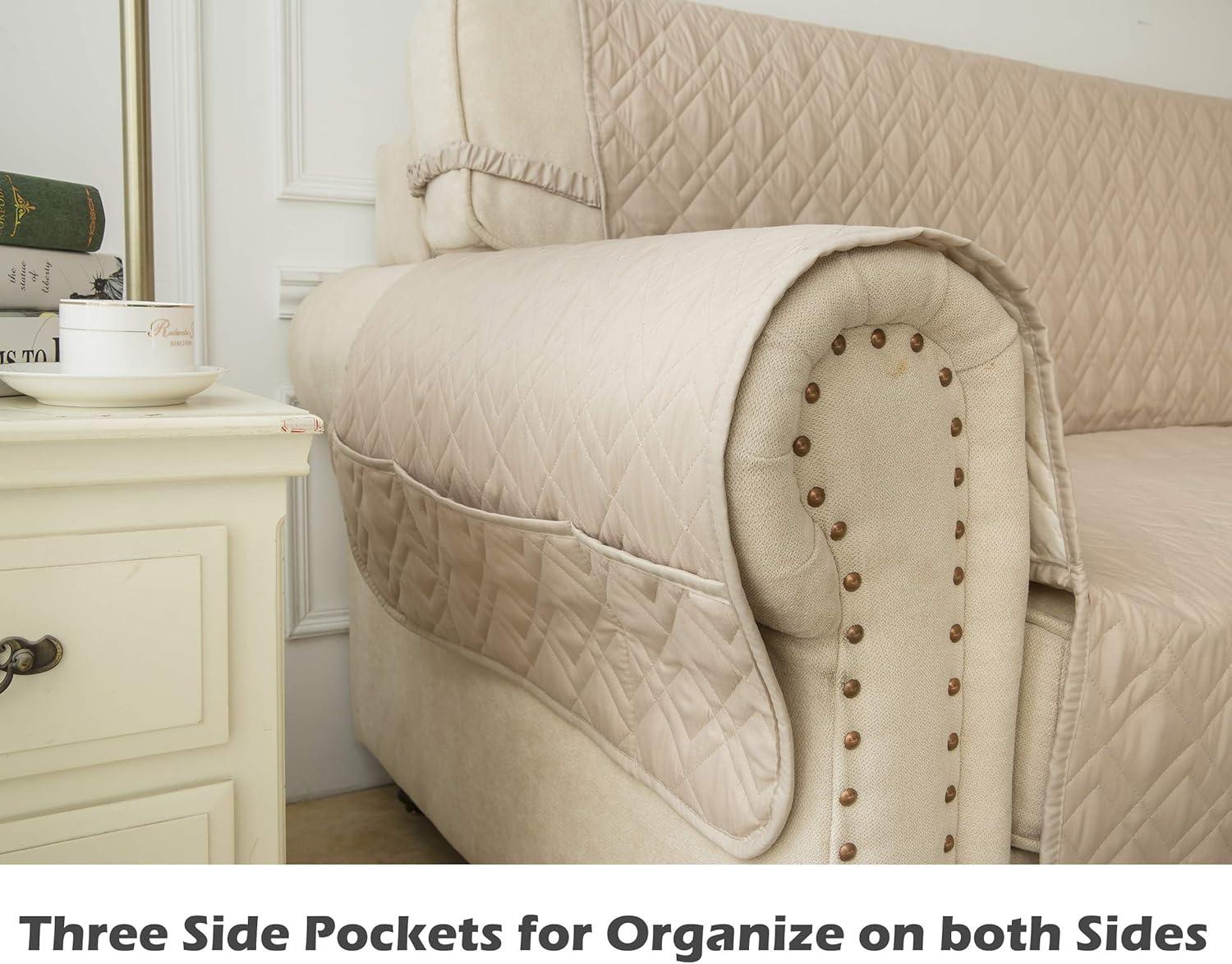 imageAmeritex Loveseat Cover WaterResistant Quilted Furniture Protector with Back Nonslip Paws Slipcover for Dogs Kids Pets Loveseat Slipcover Stay in Place for Leather 46quot BeigeBeige