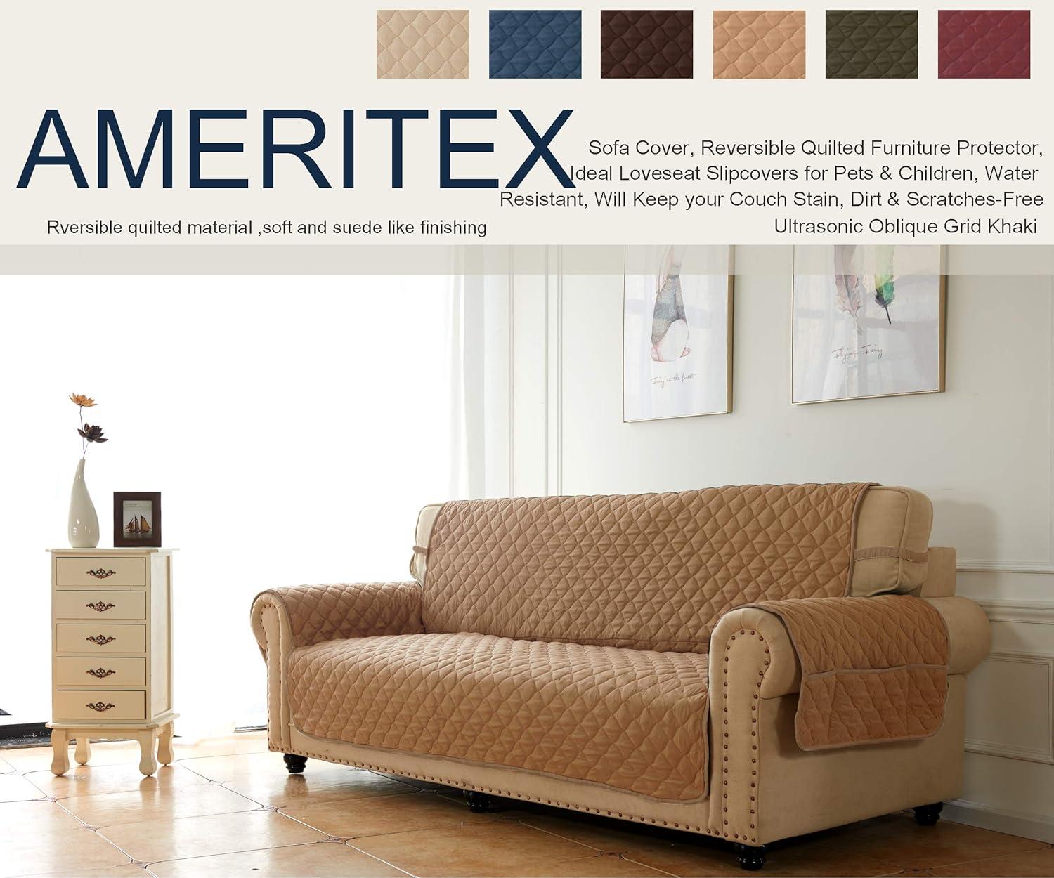 imageAmeritex Loveseat Cover WaterResistant Quilted Furniture Protector with Back Nonslip Paws Slipcover for Dogs Kids Pets Loveseat Slipcover Stay in Place for Leather 46quot BeigeSand