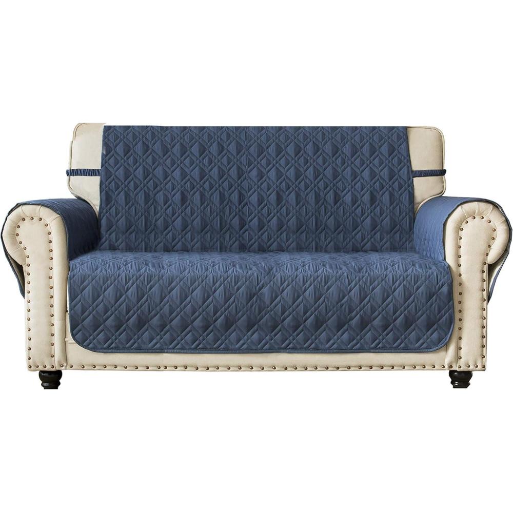 imageAmeritex Loveseat Cover WaterResistant Quilted Furniture Protector with Back Nonslip Paws Slipcover for Dogs Kids Pets Loveseat Slipcover Stay in Place for Leather 46quot BeigeBlue