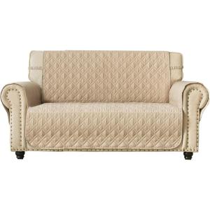 imageAmeritex Loveseat Cover WaterResistant Quilted Furniture Protector with Back Nonslip Paws Slipcover for Dogs Kids Pets Loveseat Slipcover Stay in Place for Leather 46quot BeigeBeige